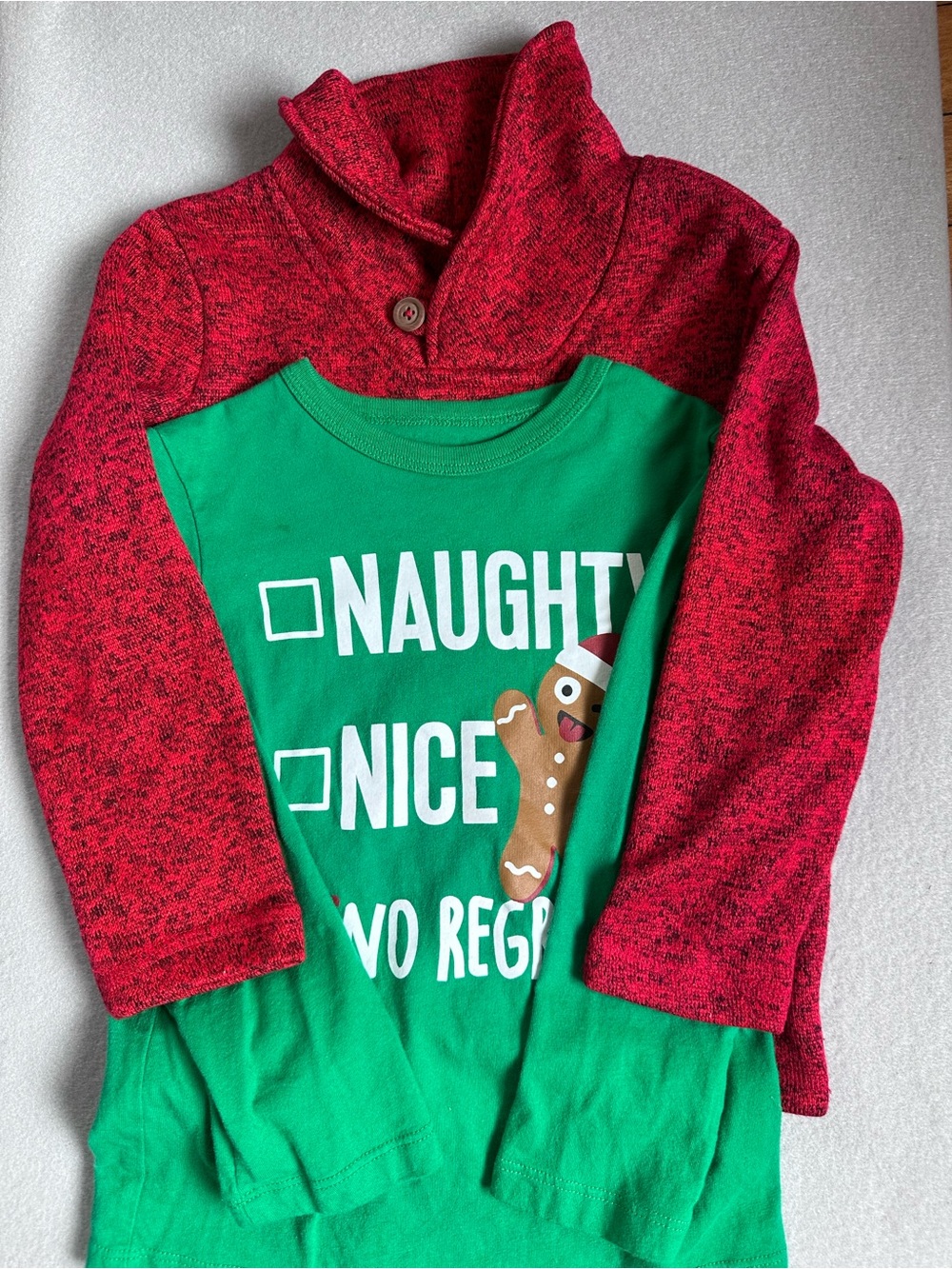 jumping beans Red Shawl Collar Cardigan with Green 'Naughty Nice' Tee